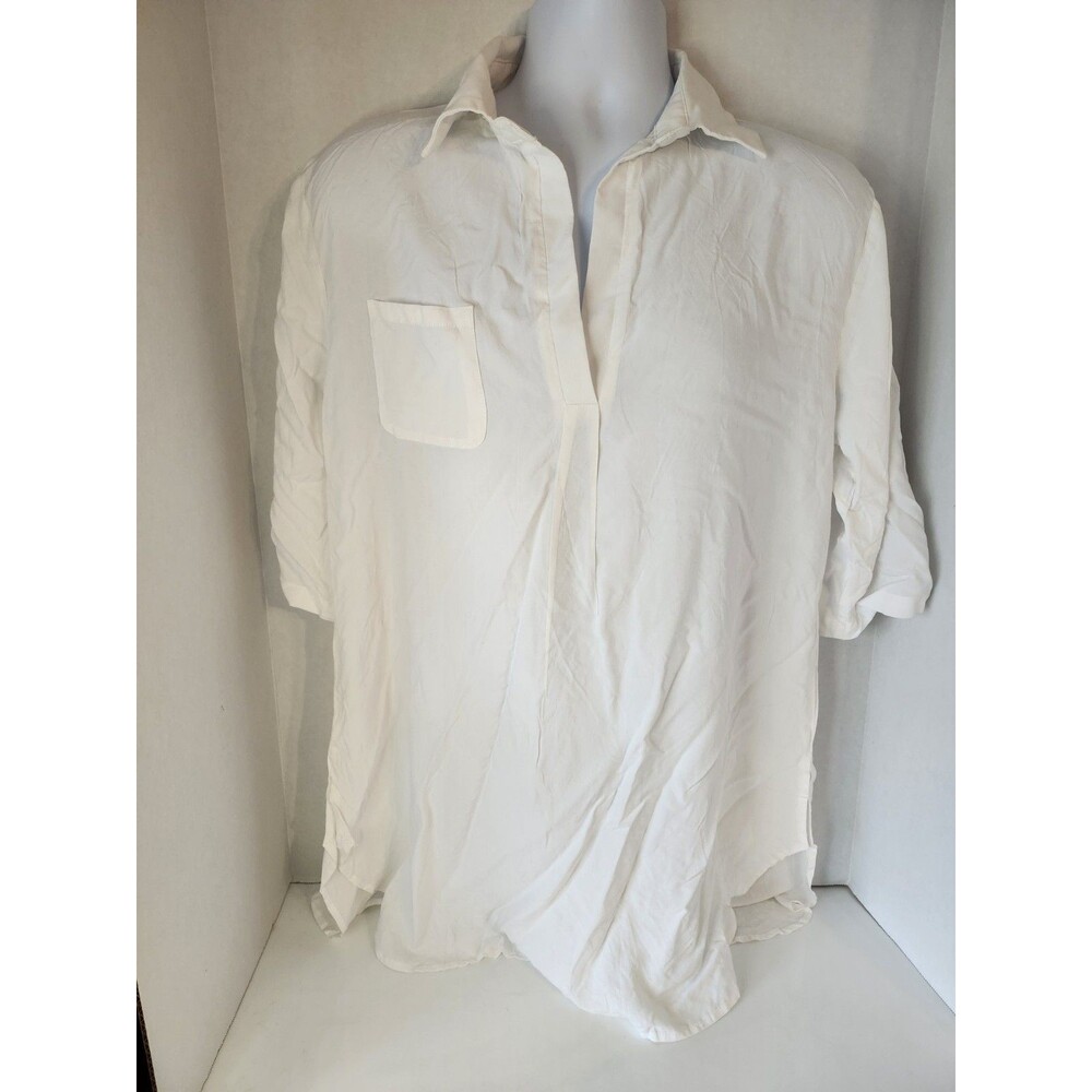 Ekouaer White Cotton V Neck Tunic Short Sleeve Woven Top Size Medium New